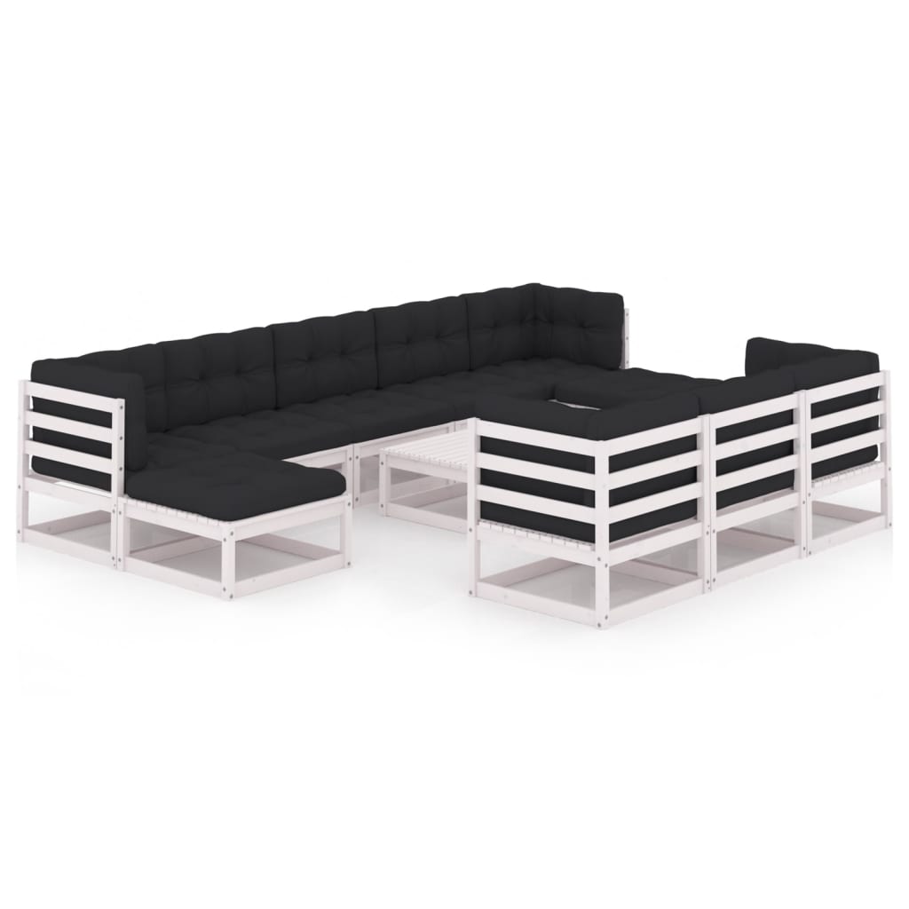 11-tlg. Garten-Lounge-Set mit Kissen Weiss Kiefer Massivholz